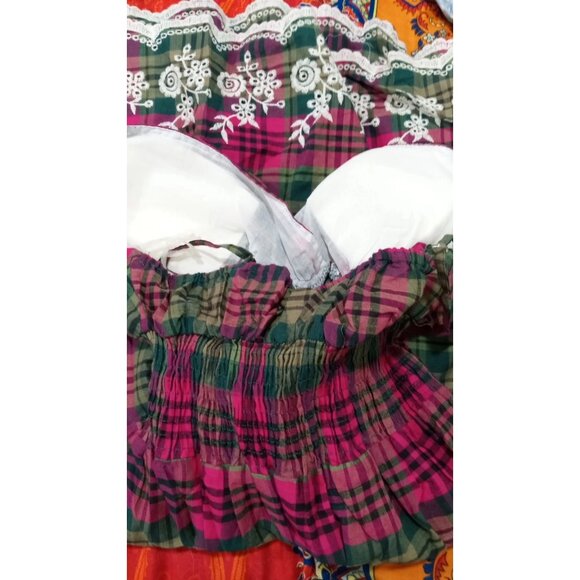 Green & pink plaid knee length pull on dress - Picture 14 of 16